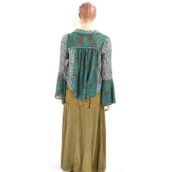 Free People New With Tags Emerald Combo Serena Bell Sleeve Top - Picture 5 of 6